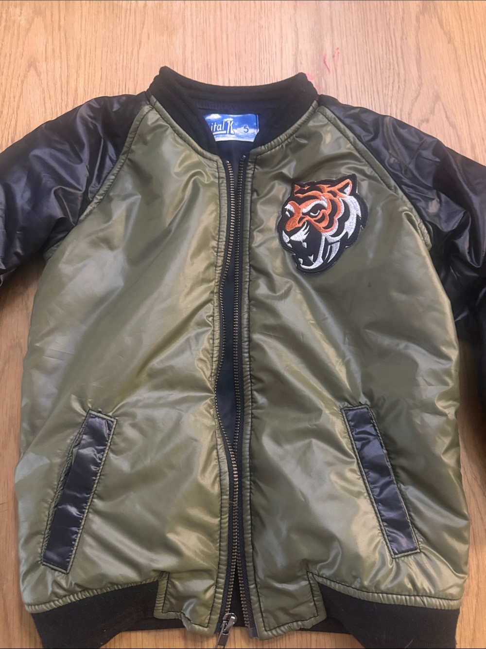 Kapital K Kids Olive Green and Black Tiger Patch Puffer Jacket